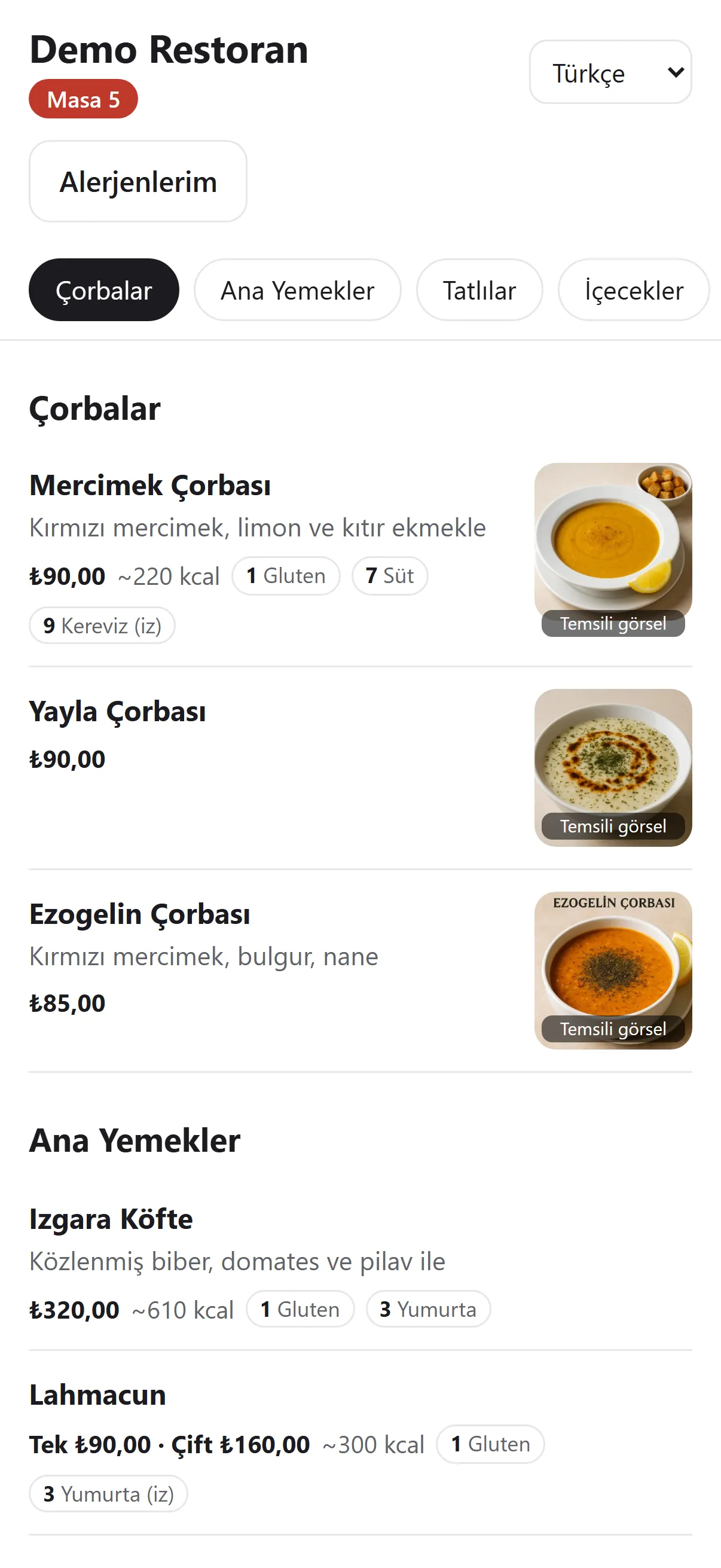 Masadan okutulan QR menü